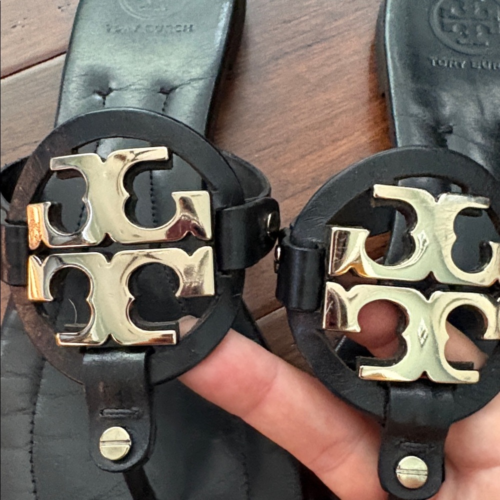 Tory Burch Black Sandals with Gold Accents - Picture 2 of 6